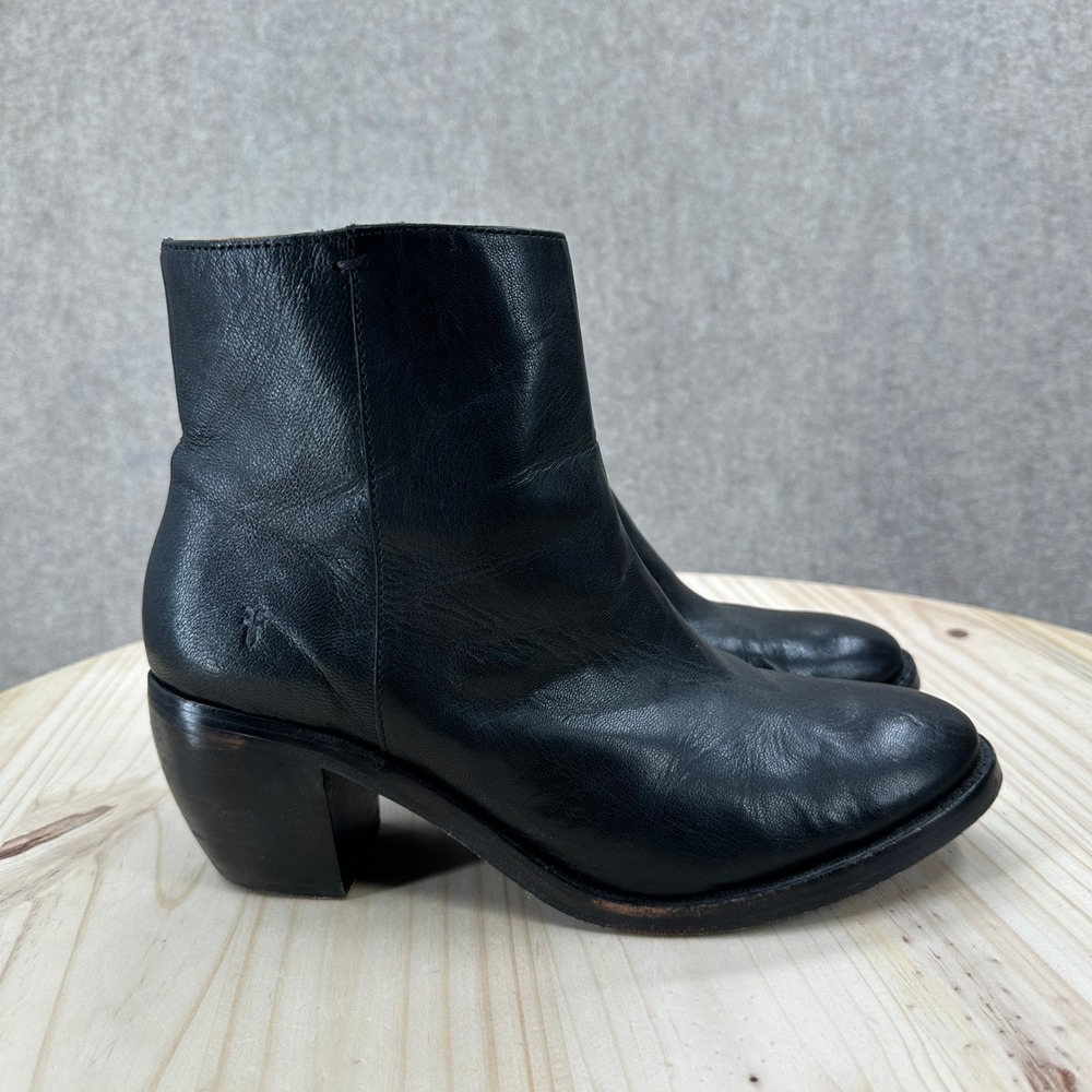 Frye Rosalia Shimmer Black Leather Ankle Boots Block Heel Zip Booties Womens 9 - Picture 7 of 16